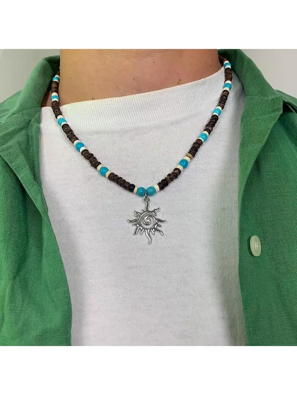 Y2k 2000s style Wood Beaded dark brown and blue mixed wood Necklace with Cyber